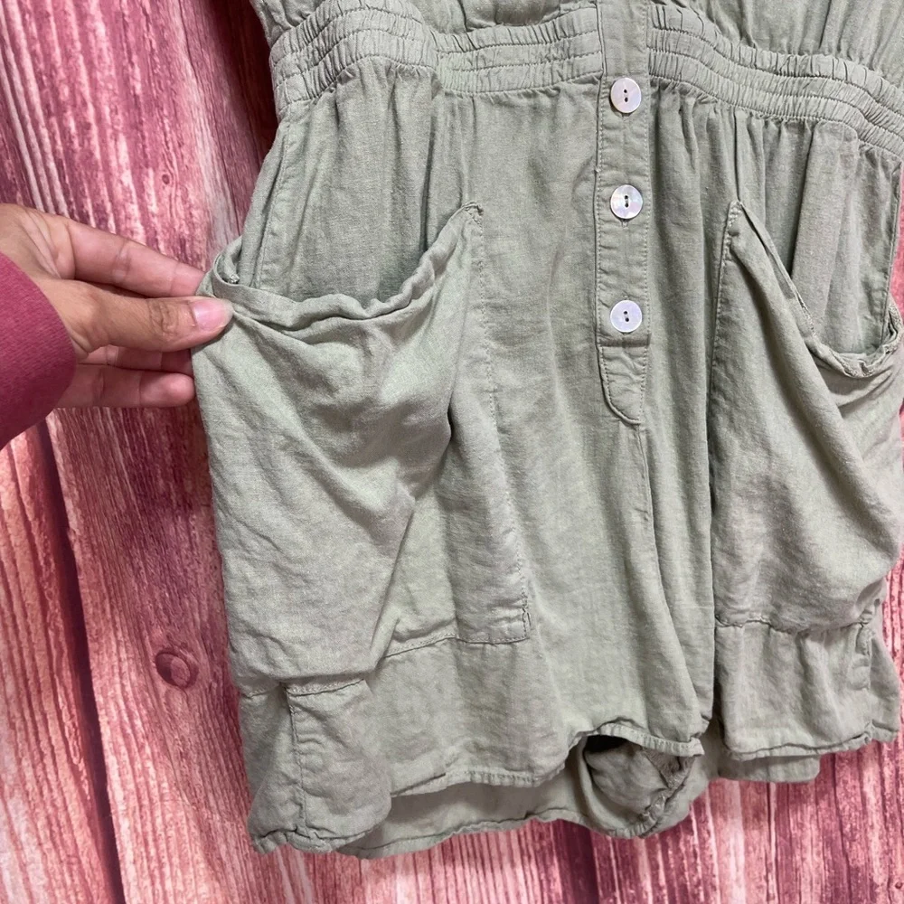 Zara sage green linen short sleeve V-neck elastic button front romper size M